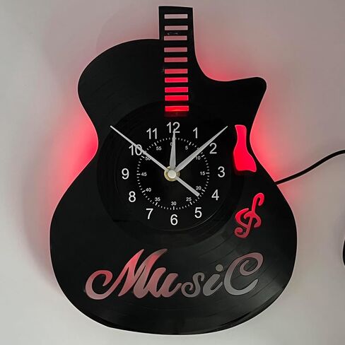 Guitar Vinyl Record Wall Clock LED Night Light Clock, Changing Night Lamp Clock Silent Clock Handmade Home Wall Decor, for Home Christmas Halloween Party Decoration, 12 Inch, SW011 in Saudi Arabia