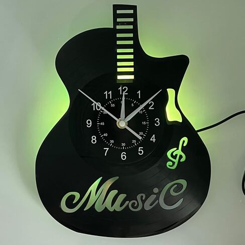 Guitar Vinyl Record Wall Clock LED Night Light Clock, Changing Night Lamp Clock Silent Clock Handmade Home Wall Decor, for Home Christmas Halloween Party Decoration, 12 Inch, SW011 in Saudi Arabia