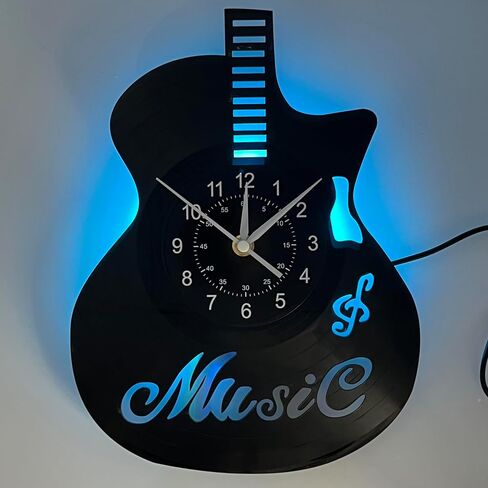 Guitar Vinyl Record Wall Clock LED Night Light Clock, Changing Night Lamp Clock Silent Clock Handmade Home Wall Decor, for Home Christmas Halloween Party Decoration, 12 Inch, SW011 in Saudi Arabia