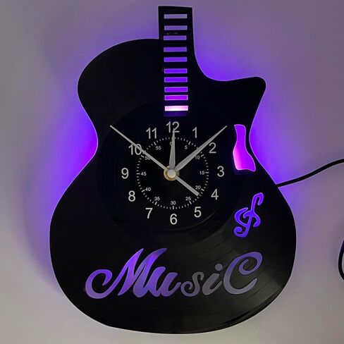 Guitar Vinyl Record Wall Clock LED Night Light Clock, Changing Night Lamp Clock Silent Clock Handmade Home Wall Decor, for Home Christmas Halloween Party Decoration, 12 Inch, SW011 in Saudi Arabia