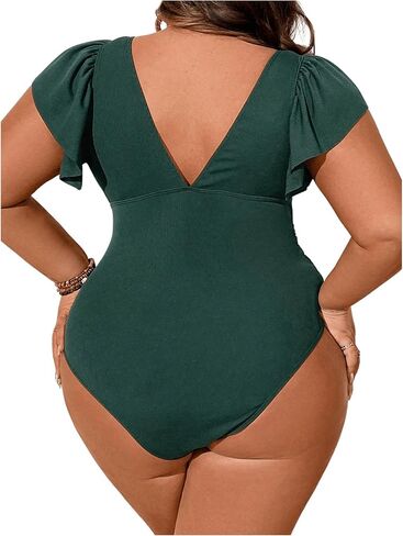 MakeMeChic Women's Plus Size Ruffle Sleeve One Piece Swimsuit Deep V Neck Ruched Bathing Suit in Saudi Arabia