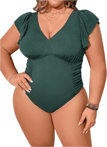 MakeMeChic Women's Plus Size Ruffle Sleeve One Piece Swimsuit Deep V Neck Ruched Bathing Suit in Saudi Arabia