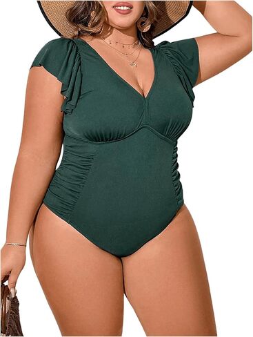MakeMeChic Women's Plus Size Ruffle Sleeve One Piece Swimsuit Deep V Neck Ruched Bathing Suit in Saudi Arabia