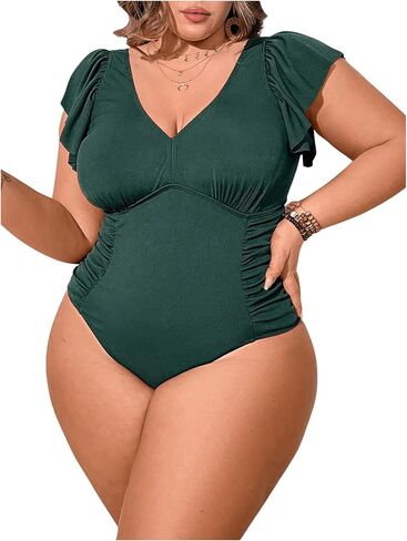 MakeMeChic Women's Plus Size Ruffle Sleeve One Piece Swimsuit Deep V Neck Ruched Bathing Suit in Saudi Arabia