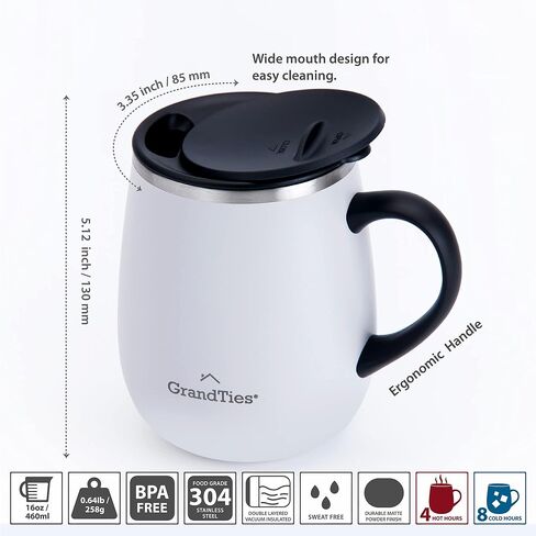 GRANDTIES Insulated Coffee Mug with Handle - Sliding Lid for Splash-Proof 16 oz Wine Glass Shape Thermos Tumbler with Double Walled Vacuum Stainless Steel to Keeps Beverages Hot or Cold - Pearl in Saudi Arabia