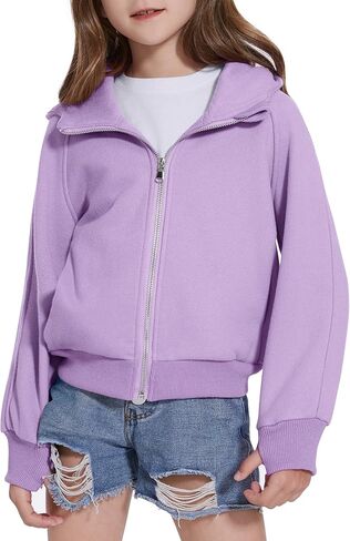 Girls Zip Up Cropped Hoodies Long Sleeve Casual Sweatshirts Jacket with Pockets Thumb Hole 4-12 Years in Saudi Arabia
