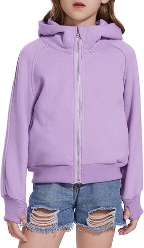 Girls Zip Up Cropped Hoodies Long Sleeve Casual Sweatshirts Jacket with Pockets Thumb Hole 4-12 Years in Saudi Arabia
