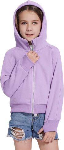 Girls Zip Up Cropped Hoodies Long Sleeve Casual Sweatshirts Jacket with Pockets Thumb Hole 4-12 Years in Saudi Arabia