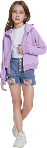 Girls Zip Up Cropped Hoodies Long Sleeve Casual Sweatshirts Jacket with Pockets Thumb Hole 4-12 Years in Saudi Arabia