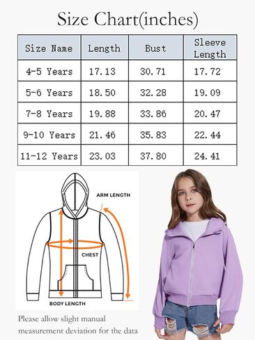 Girls Zip Up Cropped Hoodies Long Sleeve Casual Sweatshirts Jacket with Pockets Thumb Hole 4-12 Years in Saudi Arabia