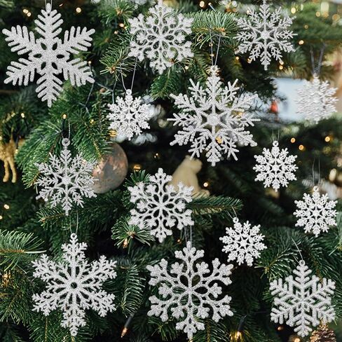 36pcs White Snowflake Ornaments Christmas Tree Decorations, Glitter Plastic Snow Flakes Christmas Ornaments in 5 Patterns for Tree Garland Indoor Outdoor Winter Wonderland Decor in Saudi Arabia
