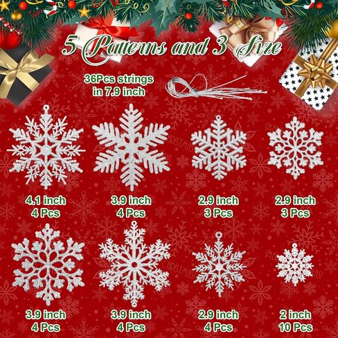 36pcs White Snowflake Ornaments Christmas Tree Decorations, Glitter Plastic Snow Flakes Christmas Ornaments in 5 Patterns for Tree Garland Indoor Outdoor Winter Wonderland Decor in Saudi Arabia