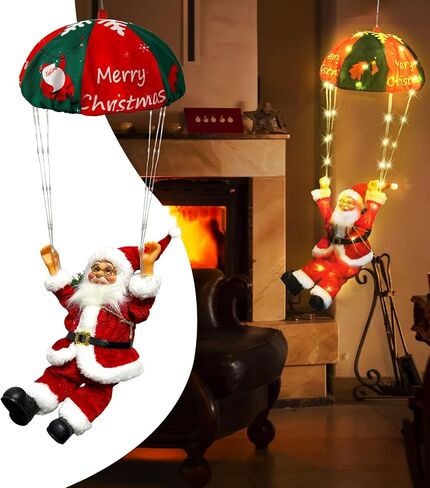 2024 Christmas Decorations, 23.6" Hanging Parachute Santa Claus Lights, 8 Lighting Modes Lighted Santa with String Light for Xmas Tree 16.5Ft Wire Plug, Novelty Ornaments for Home, Stairway in Saudi Arabia