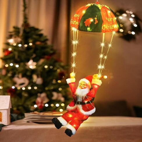 2024 Christmas Decorations, 23.6" Hanging Parachute Santa Claus Lights, 8 Lighting Modes Lighted Santa with String Light for Xmas Tree 16.5Ft Wire Plug, Novelty Ornaments for Home, Stairway in Saudi Arabia