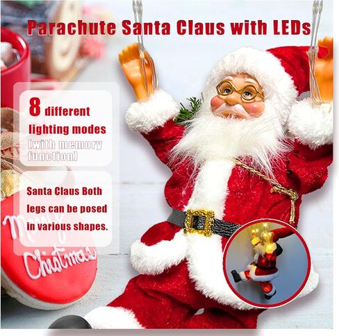 2024 Christmas Decorations, 23.6" Hanging Parachute Santa Claus Lights, 8 Lighting Modes Lighted Santa with String Light for Xmas Tree 16.5Ft Wire Plug, Novelty Ornaments for Home, Stairway in Saudi Arabia