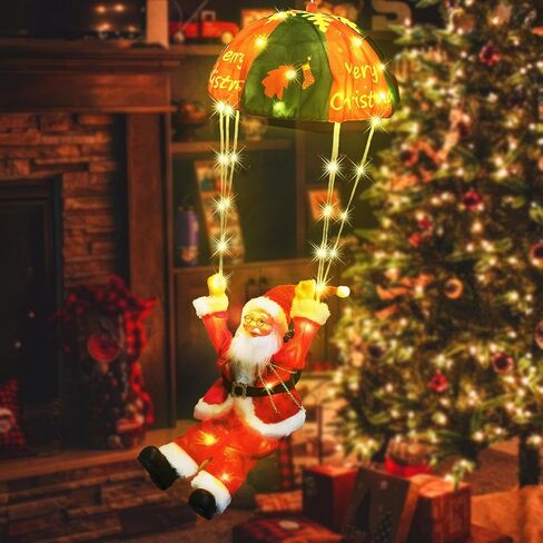 2024 Christmas Decorations, 23.6" Hanging Parachute Santa Claus Lights, 8 Lighting Modes Lighted Santa with String Light for Xmas Tree 16.5Ft Wire Plug, Novelty Ornaments for Home, Stairway in Saudi Arabia