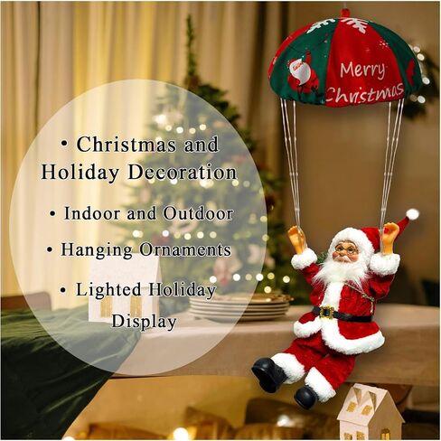2024 Christmas Decorations, 23.6" Hanging Parachute Santa Claus Lights, 8 Lighting Modes Lighted Santa with String Light for Xmas Tree 16.5Ft Wire Plug, Novelty Ornaments for Home, Stairway in Saudi Arabia