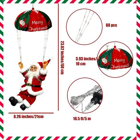 2024 Christmas Decorations, 23.6" Hanging Parachute Santa Claus Lights, 8 Lighting Modes Lighted Santa with String Light for Xmas Tree 16.5Ft Wire Plug, Novelty Ornaments for Home, Stairway in Saudi Arabia