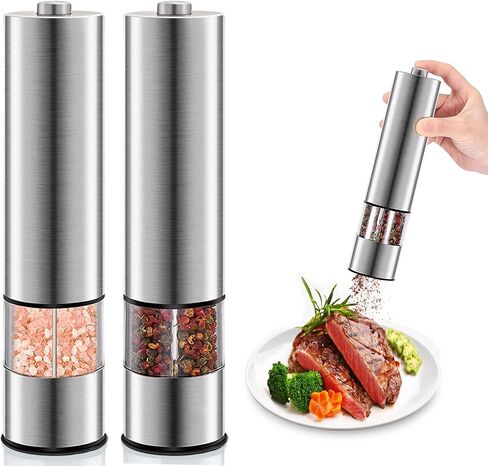 HSYP Electric Salt & Pepper Mill Sets, Automatic One Handed, Stainless Steel Grinders with Lights and Adjustable Coarseness, Battery Operated (Pack of 2 Mills) in Saudi Arabia