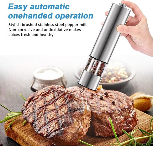 HSYP Electric Salt & Pepper Mill Sets, Automatic One Handed, Stainless Steel Grinders with Lights and Adjustable Coarseness, Battery Operated (Pack of 2 Mills) in Saudi Arabia