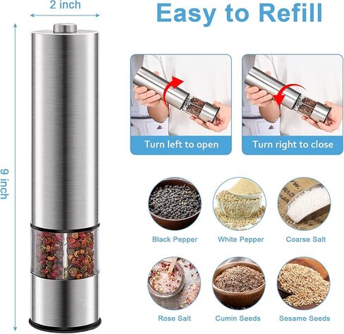 HSYP Electric Salt & Pepper Mill Sets, Automatic One Handed, Stainless Steel Grinders with Lights and Adjustable Coarseness, Battery Operated (Pack of 2 Mills) in Saudi Arabia
