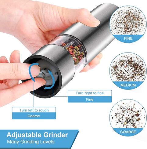 HSYP Electric Salt & Pepper Mill Sets, Automatic One Handed, Stainless Steel Grinders with Lights and Adjustable Coarseness, Battery Operated (Pack of 2 Mills) in Saudi Arabia
