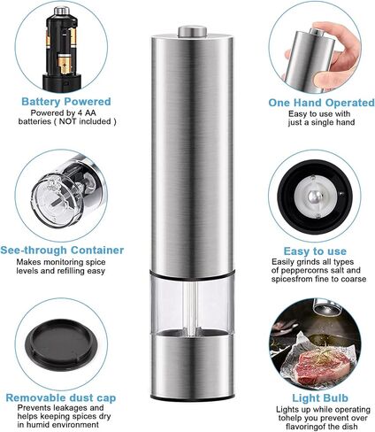 HSYP Electric Salt & Pepper Mill Sets, Automatic One Handed, Stainless Steel Grinders with Lights and Adjustable Coarseness, Battery Operated (Pack of 2 Mills) in Saudi Arabia
