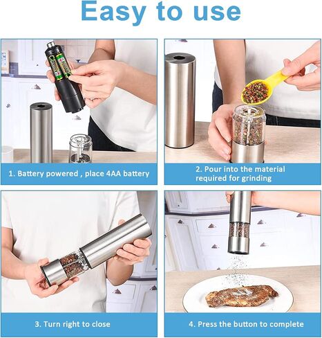 HSYP Electric Salt & Pepper Mill Sets, Automatic One Handed, Stainless Steel Grinders with Lights and Adjustable Coarseness, Battery Operated (Pack of 2 Mills) in Saudi Arabia
