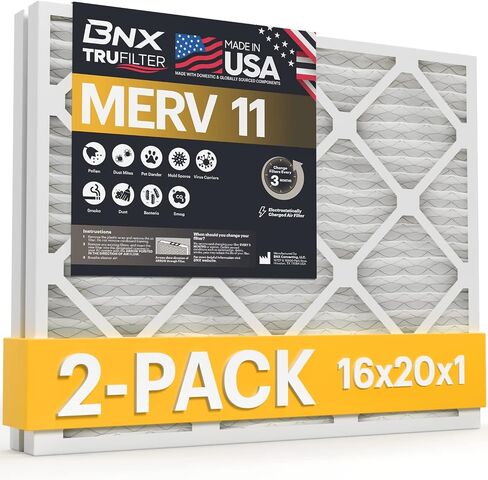 BNX 16x20x1 MERV 11 Air Filter 2 Pack - MADE IN USA - Electrostatic Pleated Air Conditioner HVAC AC Furnace Filters - Removes Dust, Mold, Pollen, Lint, Pet Dander, Smoke, Smog in Saudi Arabia