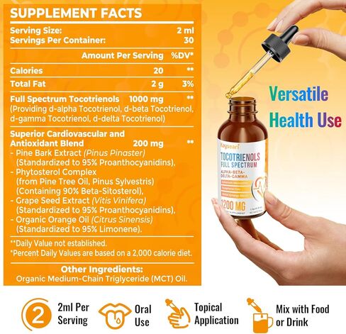 Full Spectrum of Tocotrienols Supplement 1200mg- Tocotrienol Vitamin E Liquid,Tocopherol-Free - Superior Cardiovascular and Antioxidant Blend - Higher Absorption - 30-Day Supply in Saudi Arabia