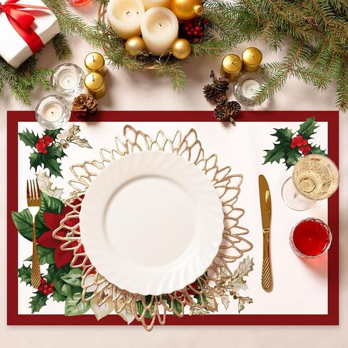 AnyDesign 50 حزمة عيد الميلاد ورقة المفارش البونسيتة مكان الحصير الأحمر الأخضر عيد الميلاد زهرة الزخرفية ورقة الجدول الحصير لعيد الميلاد عطلة المنزل المطبخ الجدول الأعلى ديكور in Saudi Arabia