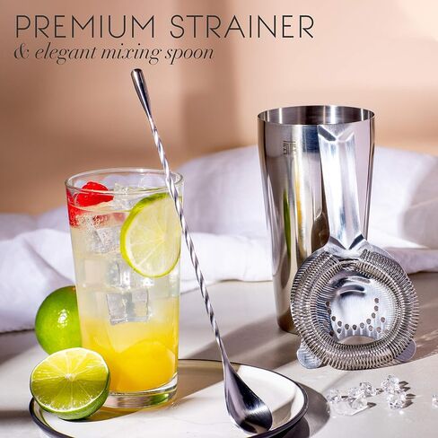 Cocktail Shaker Set - Boston Style Shaker Kit with: Elegant Gift Box, Storage Pouch, Recipe Book and All Essential Drink Accessories | Great Gift for him in Saudi Arabia