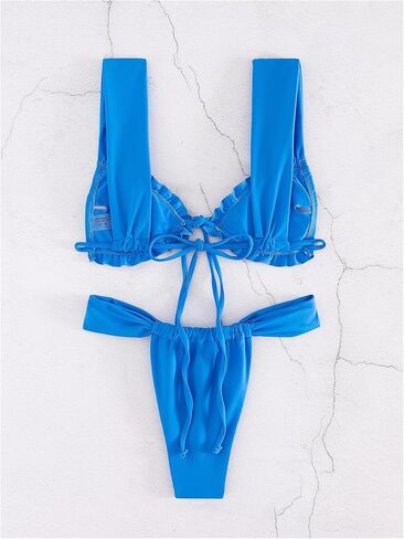 Women's Two Piece Swimsuits Frill Trim Tie Front Bathing Suit Wide Straps High Cut Sleeveless Bikini Sets in Saudi Arabia