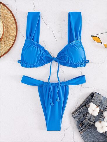 Women's Two Piece Swimsuits Frill Trim Tie Front Bathing Suit Wide Straps High Cut Sleeveless Bikini Sets in Saudi Arabia