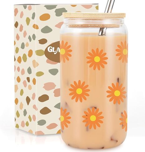 GSPY Daisy Aesthetic Cups, Iced Coffee Cup, Cute Glass Cups with Lids and Straws - Iced Coffee Glasses, Flower Mug Cup, Glass Tumbler - Christmas, Birthday Gifts for Women, Coffee Lovers, Girl in Saudi Arabia