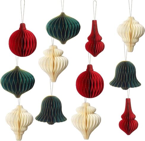 12 Pcs Christmas Hanging Honeycomb Paper Christmas Honeycomb Decorations Magnetic Glitter Edge Xmas Hanging Ornaments Table Decorations for Christmas Tree New Years Eve Party (Classic) in Kuwait