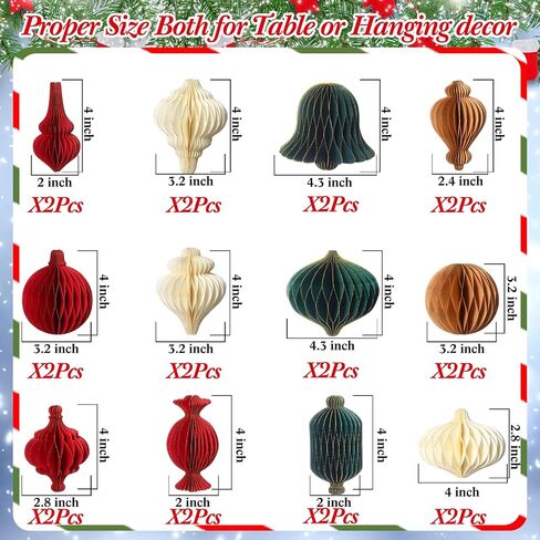 12 Pcs Christmas Hanging Honeycomb Paper Christmas Honeycomb Decorations Magnetic Glitter Edge Xmas Hanging Ornaments Table Decorations for Christmas Tree New Years Eve Party (Classic) in Kuwait