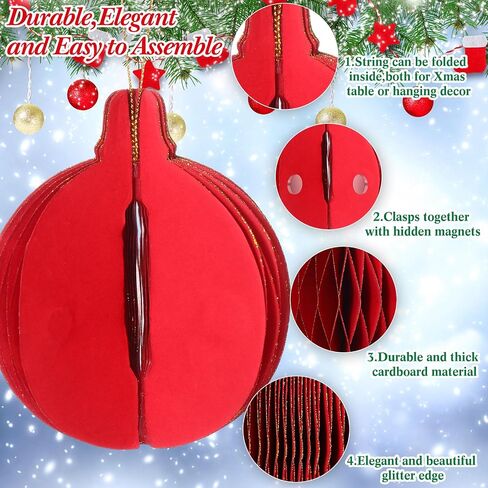 12 Pcs Christmas Hanging Honeycomb Paper Christmas Honeycomb Decorations Magnetic Glitter Edge Xmas Hanging Ornaments Table Decorations for Christmas Tree New Years Eve Party (Classic) in Kuwait