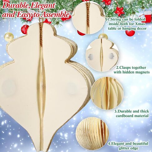 12 Pcs Christmas Hanging Honeycomb Paper Christmas Honeycomb Decorations Magnetic Glitter Edge Xmas Hanging Ornaments Table Decorations for Christmas Tree New Years Eve Party (Classic) in Kuwait