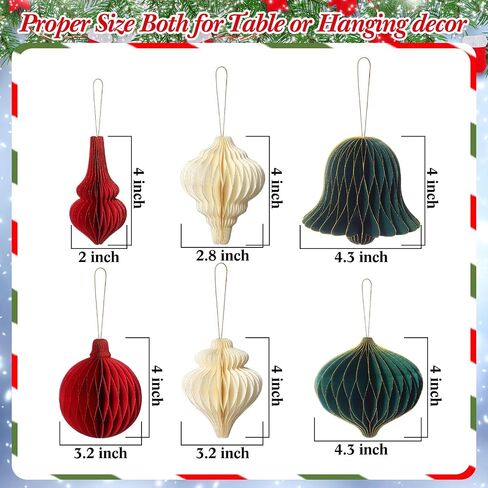 12 Pcs Christmas Hanging Honeycomb Paper Christmas Honeycomb Decorations Magnetic Glitter Edge Xmas Hanging Ornaments Table Decorations for Christmas Tree New Years Eve Party (Classic) in Kuwait