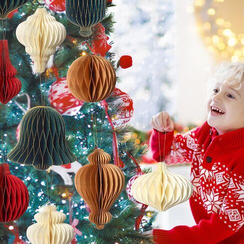 12 Pcs Christmas Hanging Honeycomb Paper Christmas Honeycomb Decorations Magnetic Glitter Edge Xmas Hanging Ornaments Table Decorations for Christmas Tree New Years Eve Party (Classic) in Kuwait