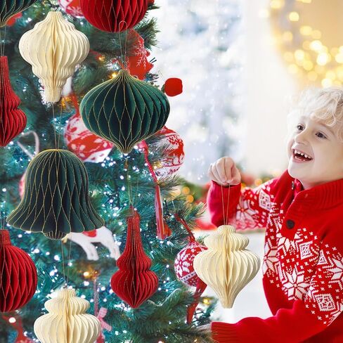 12 Pcs Christmas Hanging Honeycomb Paper Christmas Honeycomb Decorations Magnetic Glitter Edge Xmas Hanging Ornaments Table Decorations for Christmas Tree New Years Eve Party (Classic) in Kuwait