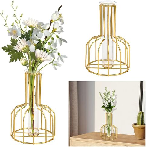 Table Flower Vase, Glass Propagation Station with Metal Frame, Geometric vases for centerpieces, Test Tube Vase for Hydroponic Plant, Small Bud Vase for Home Kitchen Office Table Top Decor(Golden) in Kuwait