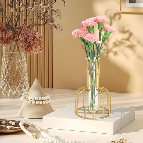 Table Flower Vase, Glass Propagation Station with Metal Frame, Geometric vases for centerpieces, Test Tube Vase for Hydroponic Plant, Small Bud Vase for Home Kitchen Office Table Top Decor(Golden) in Kuwait