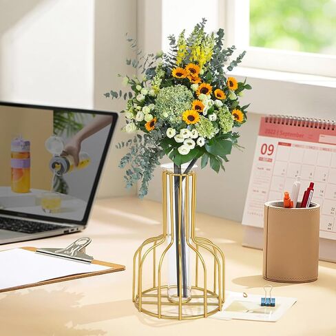 Table Flower Vase, Glass Propagation Station with Metal Frame, Geometric vases for centerpieces, Test Tube Vase for Hydroponic Plant, Small Bud Vase for Home Kitchen Office Table Top Decor(Golden) in Kuwait