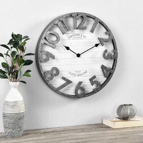 FirsTime Stella Shiplap Clock, Plastic, Farmhouse Style, 18 x 2.5 x 18 inches, Silver