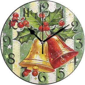 Pfrewn Christmas Bell Snowflake Wall Clock Silent Non Ticking Winter Cardinal Bird Clocks Battery Operated Vintage Desk Clock 10 Inch Quartz Analog Quiet Bedroom Living Room Home Decor