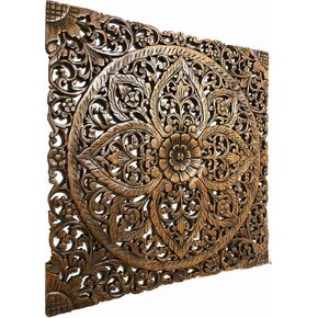 Floral Wood Carved Wall Art Panel. Decorative Bali Asian Home Decor Headboard (24"x24", Brown)