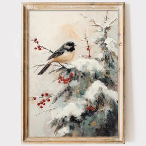 Winter Pine Trees Canvas Wall Art Winter Bird Pictures Christmas Tree Art Print Winter Tree Poster Landscape Canvas Art Winter Christmas Painting Bird Art Vintage Christmas Artwork 16x24inch No Frame