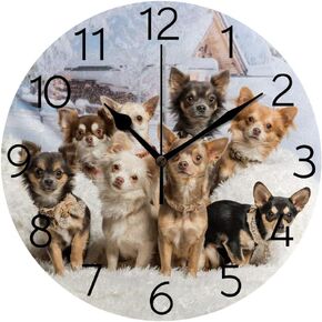 Cute Chihuahuas Dog Wall Clock 9.8 Inch Silent Non Ticking Battery Operated Decorative Round Wall Clocks for Kitchen Bedroom Living Room